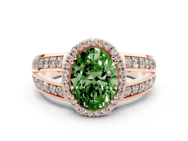 Fancy Green Oval Cut Diamond Halo Ring with Split Shank Pavé Band and Four-Prong Setting Rose gold