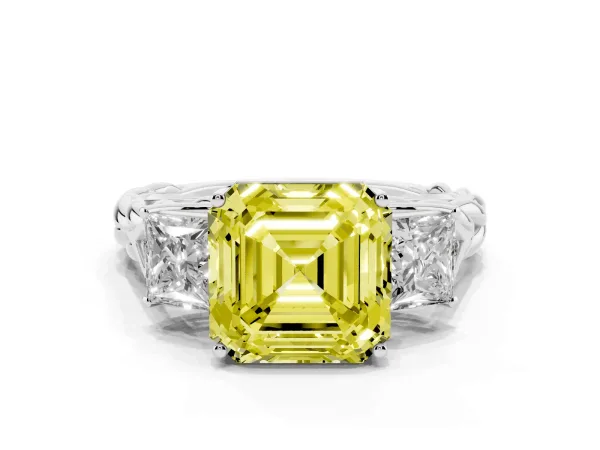 Fancy Yellow Three-Stone Asscher Cut Diamond Braided Band Ring with Four-Prong Setting Platinum