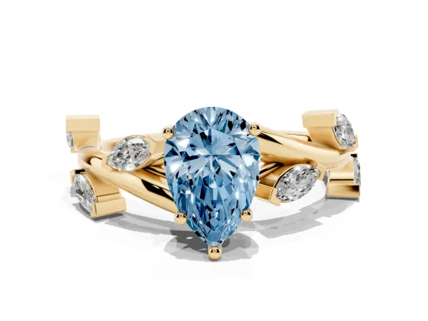 Fancy Blue Pear Cut Solitaire Twisted Band Marquise Accent Prong Setting Ring Yellow gold