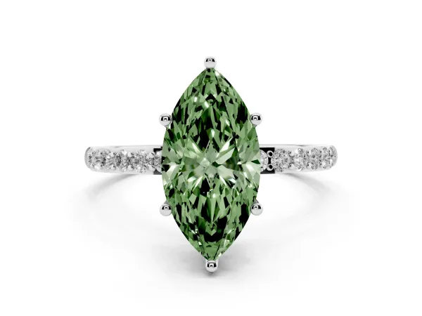 Fancy Green Marquise Cut Diamond Solitaire Ring with Round Pavé Shoulders and Prong Setting Platinum