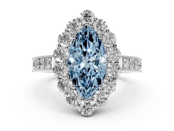 Fancy Blue Marquise Cut Cut Halo Diamond Pavé Engagement Ring with Milgrain Detailing Platinum