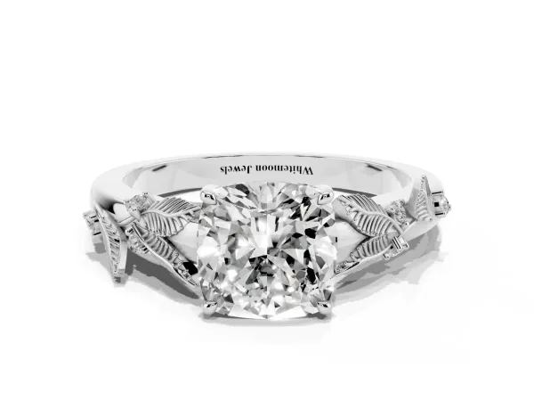 Cushion Cut Diamond Solitaire Ring with Leaf Motif Band and Four-Prong Setting White gold