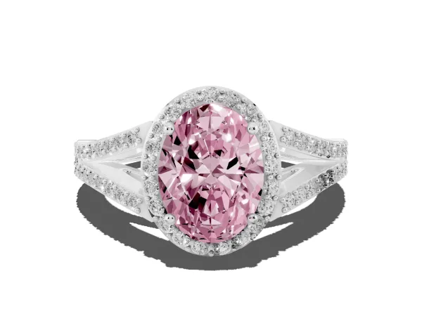Fancy Pink Oval Cut Halo Split Shank Pave Diamond Ring with Four-Prong Setting White gold
