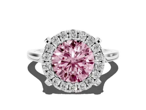 Fancy Pink Round Cut Diamond Cluster Halo Solitaire with Four-Prong Setting White gold