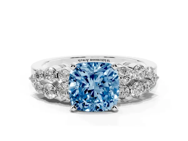 Fancy Blue Cushion Cut Cluster Diamond Engagement Ring with Pavé Band and Four-Prong Setting White gold