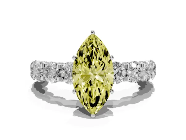 Fancy Yellow Marquise Cut Diamond Side Stone Engagement Ring with Four-Prong Setting Platinum