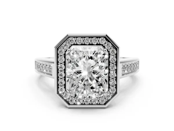 Emerald Cut Halo Solitaire Diamond Ring with Pave Band and Bezel Setting Platinum