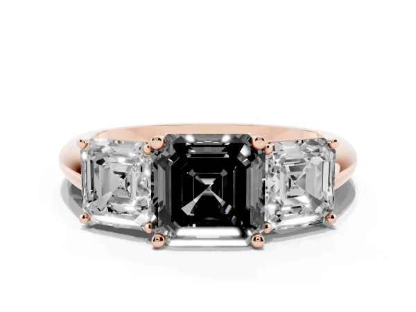 Fancy Black Three-Stone Asscher Cut Cut Diamond Engagement Ring with Prong Setting on a White Gold Band Rose gold