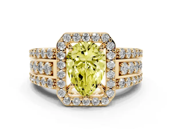 Fancy Yellow Pear Cut Halo Diamond Ring with Round Split Shank and Prong Setting Yellow gold