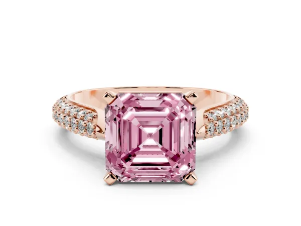 Fancy Pink Asscher Cut Diamond Solitaire Engagement Ring with Multi-Row Round Pavé Band and Prong Setting Rose gold