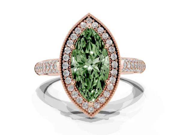 Fancy Green Marquise Cut Cut Halo Diamond Pave Band with Four-Prong Setting Rose gold