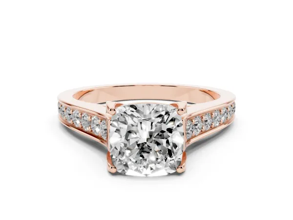 Cushion Cut Brilliant Cut Diamond Engagement Ring with Pavé Band and Four-Prong Setting Rose gold