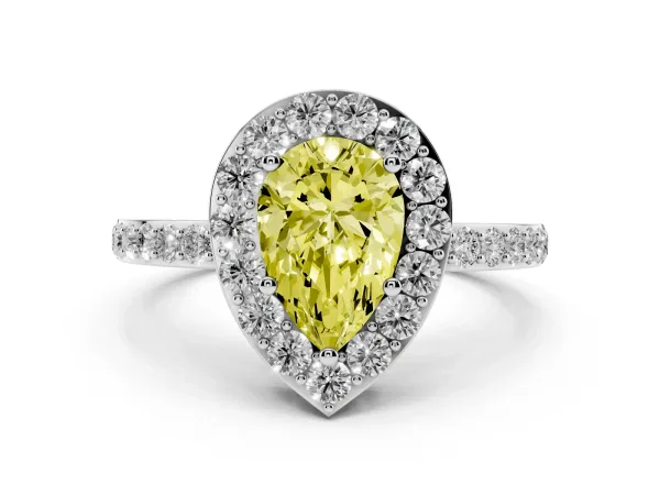 Fancy Yellow Pear Cut Halo Diamond Pavé Band Ring with Prong Setting White gold