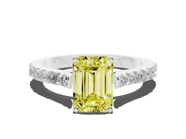 Fancy Yellow Emerald Cut Cut Solitaire Diamond Engagement Ring with Pave Band and Four-Prong Setting White gold