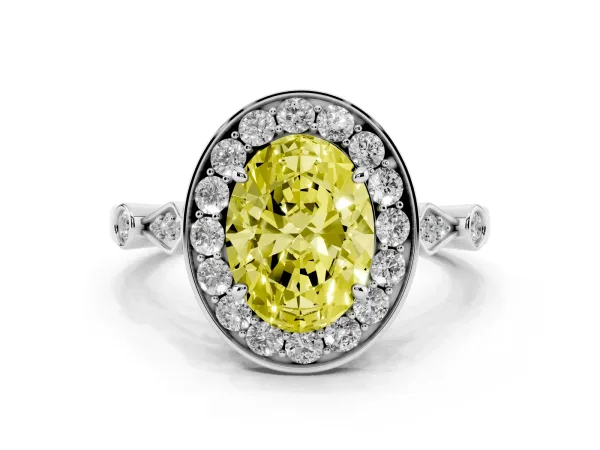 Fancy Yellow Oval Cut Halo Diamond Engagement Ring with Twisted Band and Four-Prong Setting Platinum