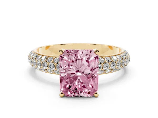 Fancy Pink Radiant Cut Diamond Solitaire Ring with Prong Setting and Pavé Band Yellow gold