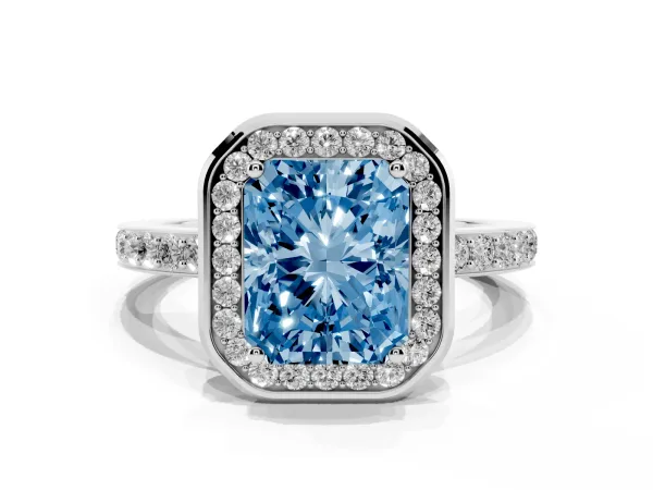 Fancy Blue Radiant Cut Diamond Halo Ring with Bezel Frame and Pavé Band Platinum
