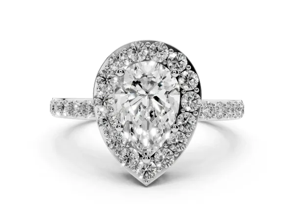 Pear Cut Halo Diamond Pavé Band Ring with Prong Setting White gold