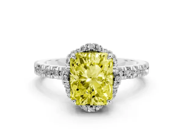 Fancy Yellow Radiant Cut Halo Diamond Pave Band Ring with Four-Prong Setting Platinum