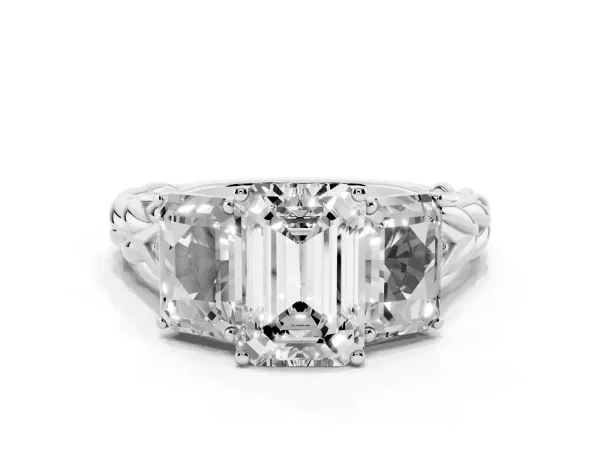 Three-Stone Radiant Cut Diamond Braided Band Ring with Four-Prong Setting White gold