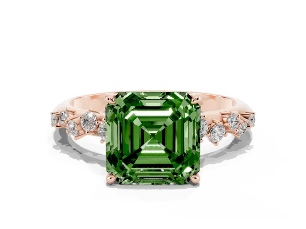 Fancy Green Asscher Cut Diamond Cluster Side Stone Solitaire Ring with Prong Setting Rose gold