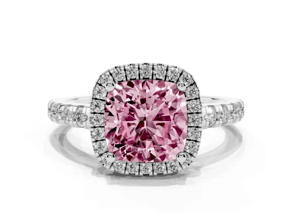 Fancy Pink Cushion Cut Diamond Halo Ring with Pavé Band and Four-Prong Setting White gold