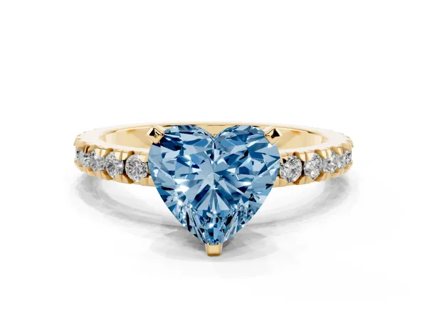 Fancy Blue Heart Cut Diamond Pavé Band Solitaire with Four-Prong Setting Yellow gold