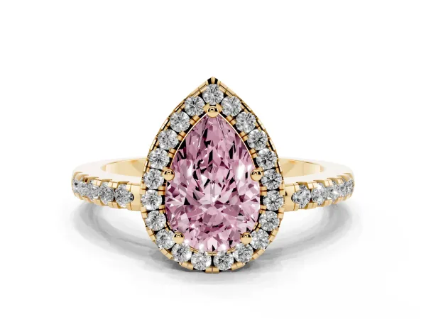 Fancy Pink Pear Cut Halo Diamond Engagement Ring with Pavé Band and Four-Prong Setting Yellow gold