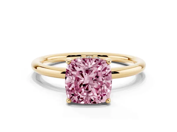 Fancy Pink Cushion Cut Solitaire Diamond Ring with a Classic Band and Four-Prong Setting Yellow gold