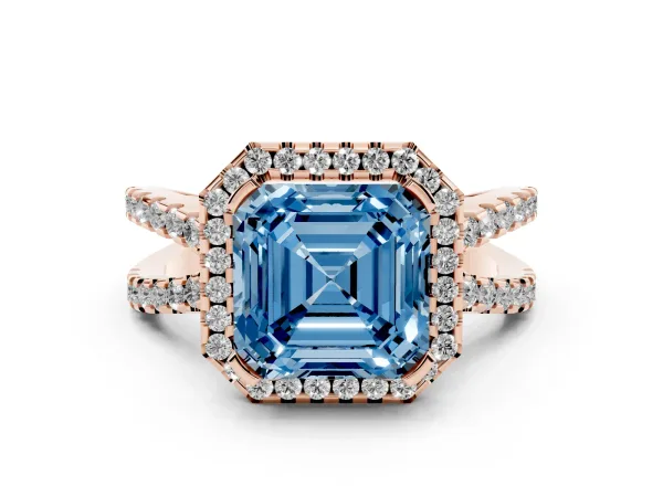 Fancy Blue Asscher Cut Diamond Halo Ring with Split Shank Pavé Band and Prong Setting Rose gold