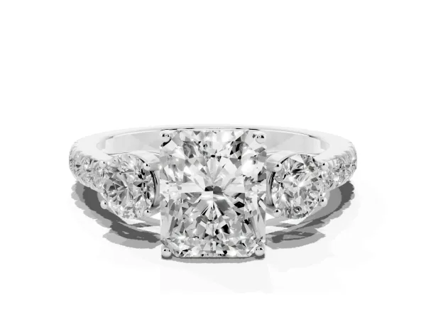 Radiant Cut Cut Diamond Three-Stone Ring with Round Side Stones and Pavé Band Platinum