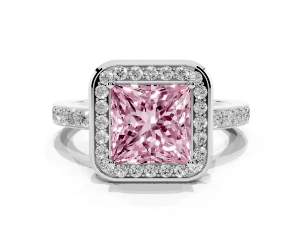 Fancy Pink Princess Cut Diamond Halo Ring with Bezel Frame and Pavé Band White gold