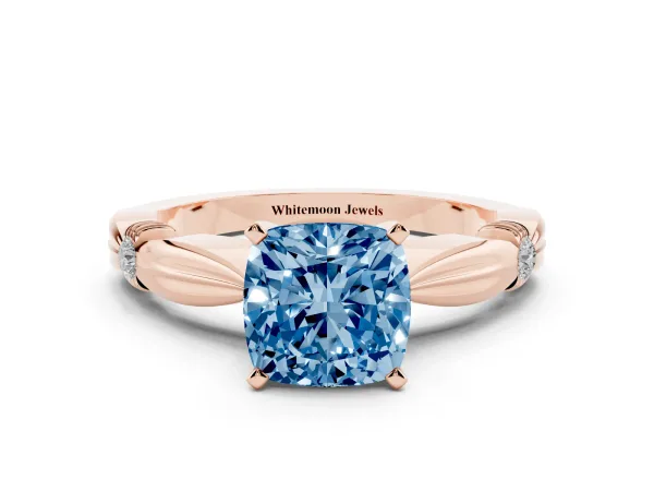 Fancy Blue Cushion Cut Solitaire Diamond Twisted Band with Four-Prong Setting Rose gold
