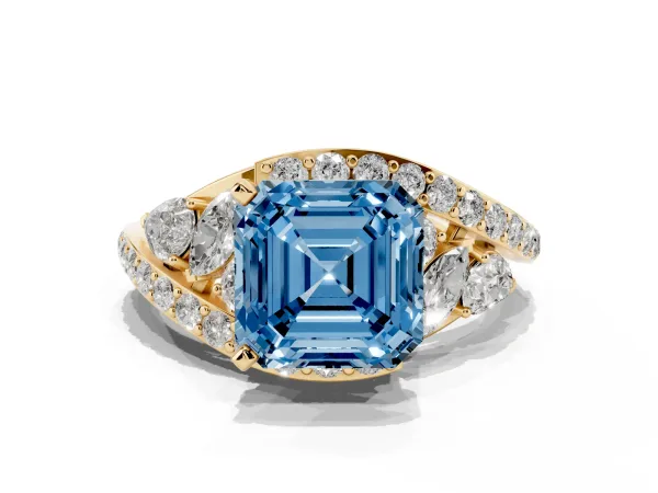 Fancy Blue Asscher Cut Diamond Halo Ring with Marquise and Pavé Band in Prong Setting Yellow gold