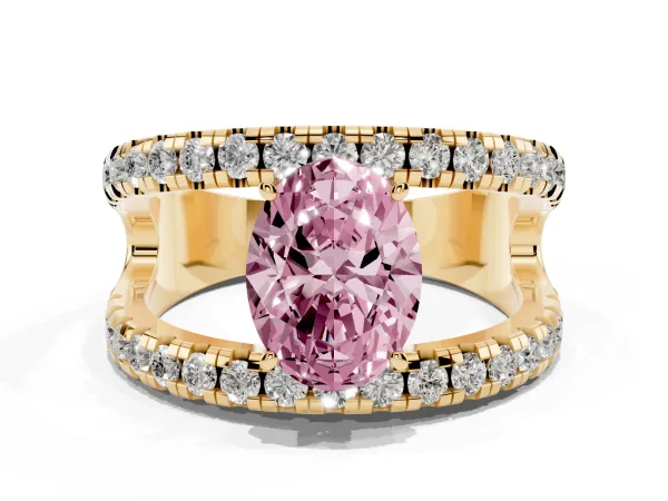 Fancy Pink Oval Cut Solitaire Split Shank Pave Diamond Ring Yellow gold