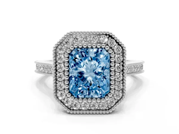 Fancy Blue Radiant Cut Diamond Halo Ring with Milgrain Frame and Pavé Band White gold