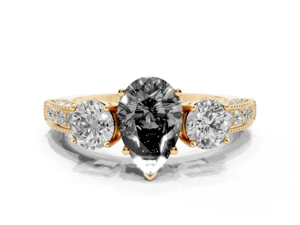 Fancy Black Pear Cut Three-Stone Diamond Ring with Pavé Band and Four-Prong Setting Yellow gold