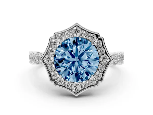 Fancy Blue Round Cut Halo Diamond Engagement Ring with Milgrain Band and Four-Prong Setting Platinum