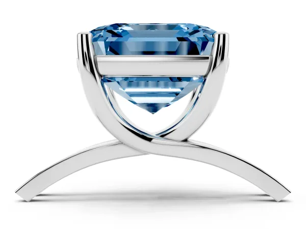 Fancy Blue Asscher Cut Cut Diamond Solitaire Engagement Ring with Tapered Plain Band and Four-Prong Setting Platinum