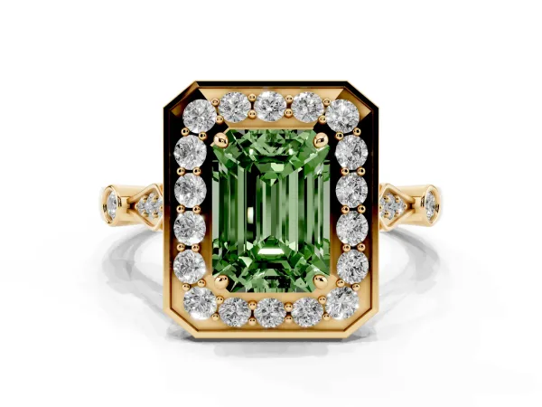Fancy Green Emerald Cut Halo Diamond Engagement Ring with Twisted Band and Four-Prong Setting Yellow gold