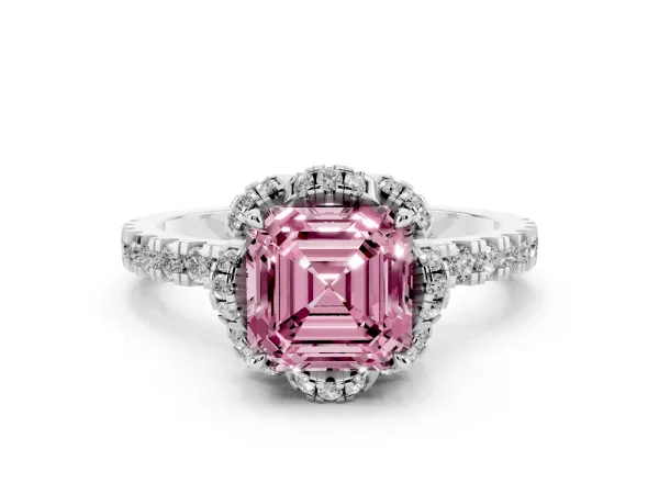 Fancy Pink Asscher Cut Halo Diamond Pave Band Ring with Four-Prong Setting White gold