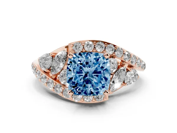 Fancy Blue Cushion Cut Diamond Halo Ring with Marquise and Pavé Band in Prong Setting Rose gold
