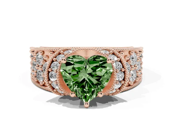 Fancy Green Heart Cut Halo Pave Diamond Engagement Ring with Milgrain Detailing Rose gold