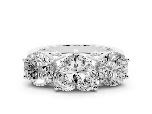 Three-Stone Heart Cut Diamond Engagement Ring with Prong Setting on a Classic Band Platinum