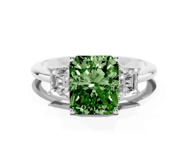 Fancy Green Radiant Cut Diamond Three-Stone Ring with Trapezoid Side Stones and Prong Setting Platinum