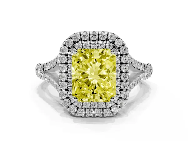 Fancy Yellow Radiant Cut Diamond Double Halo Ring with Split Shank and Prong Setting White gold