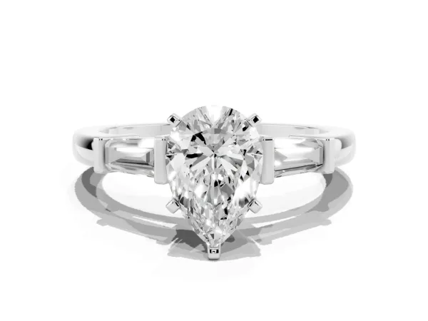 Pear Cut Cut Diamond Solitaire Ring with Tapered Baguette Accents and Four-Prong Setting Platinum