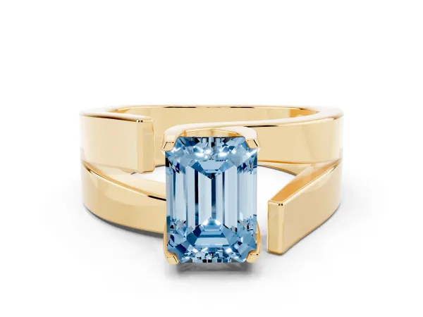 Fancy Blue Modern Tension Set Emerald Cut Diamond Solitaire Wide Band Ring Yellow gold