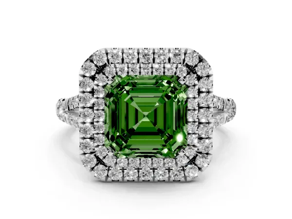 Fancy Green Asscher Cut Cut Double Halo Split Shank Diamond Ring with Prong Setting White gold