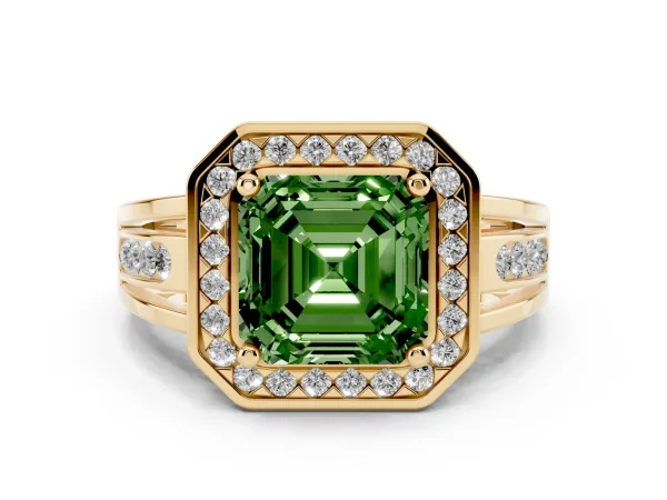 Fancy Green Asscher Cut Diamond Halo Ring with Split Shank and Bezel Accents and Prong Setting Yellow gold